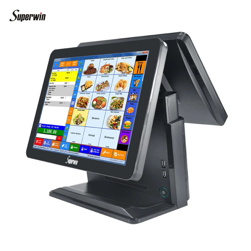 
15 inch dual screen touch cash acceptor machine restaurant ordering touch machine android Window touch pos system for retail 