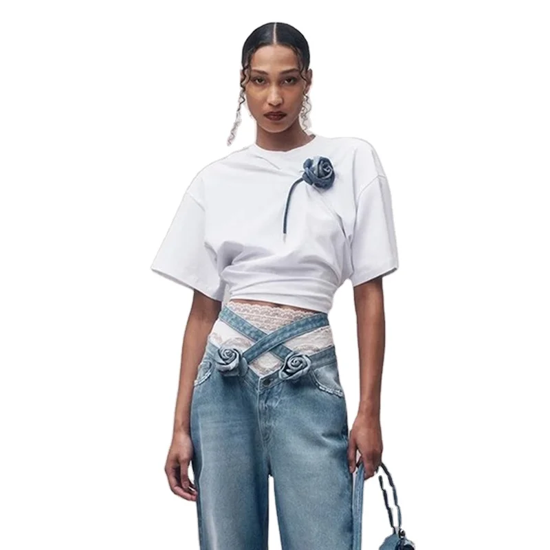 TWOTWINSTYLE Soild Patchwork Appliques T Shirts Short Sleeve Slimming Casual Short Tops For Women