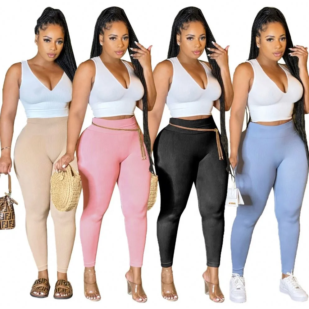 KC 2022 Sexy Casual Summer Crop Tops Ribbed 2 Piece Pants Jogger Set Sportswear Track Suits Workout Two Piece Pant Sweatsuit Set
