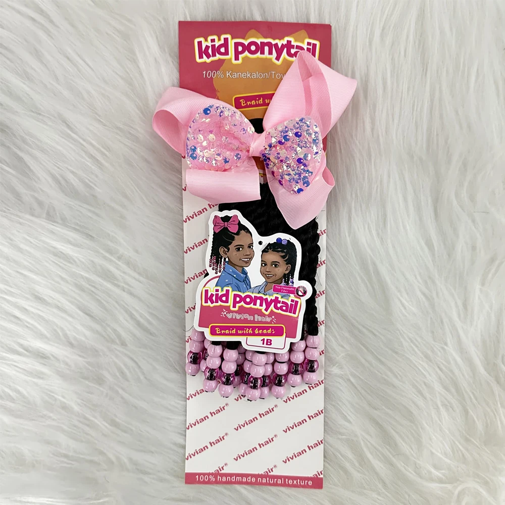 Pink glitter bow with beads ponytail rose pink color 6inch 8inch kids braided ponytail with sengel twist box braid styles