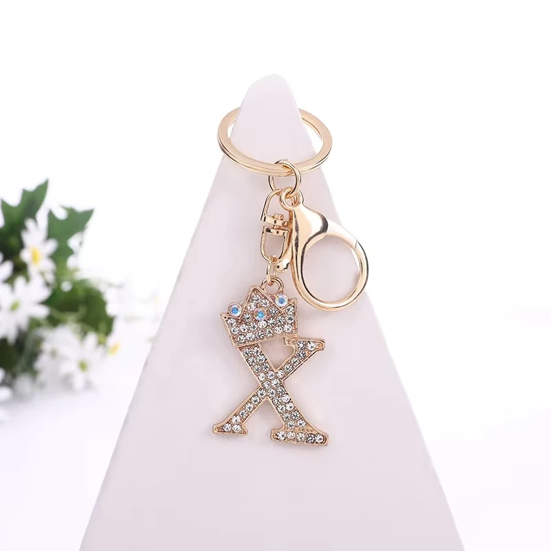 Wholesale women fashion A-Z letter key chain crystal crown alphabet rhinestone initial keychain letter keychain
