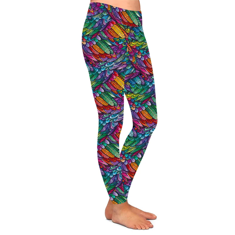 Buttery Soft 92% Polyester 8% Spandex High Waist Ladies Tights Multicolor Feather Printed Leggings For Women