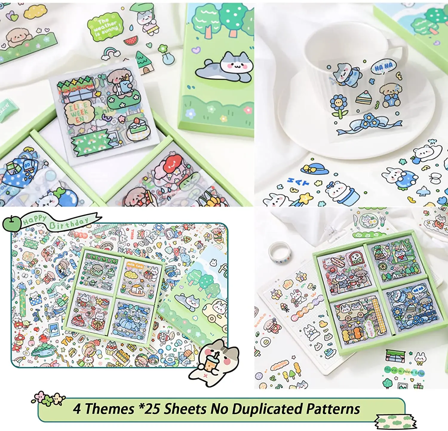 Cute Cartoon Animals Picnic Scrapbook Stickers 100 Sheets DIY Decoration PVC Paper Cute Cartoon Rabbits Dog Forest Theme Sticker