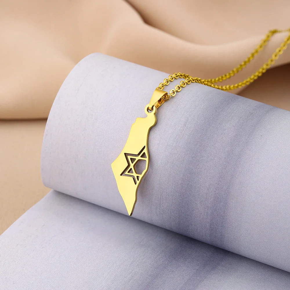 Manufacturer Stainless Steel Israel Charm Chain Necklace 18K Gold Plated Israel National Flag Map Pendant Necklace