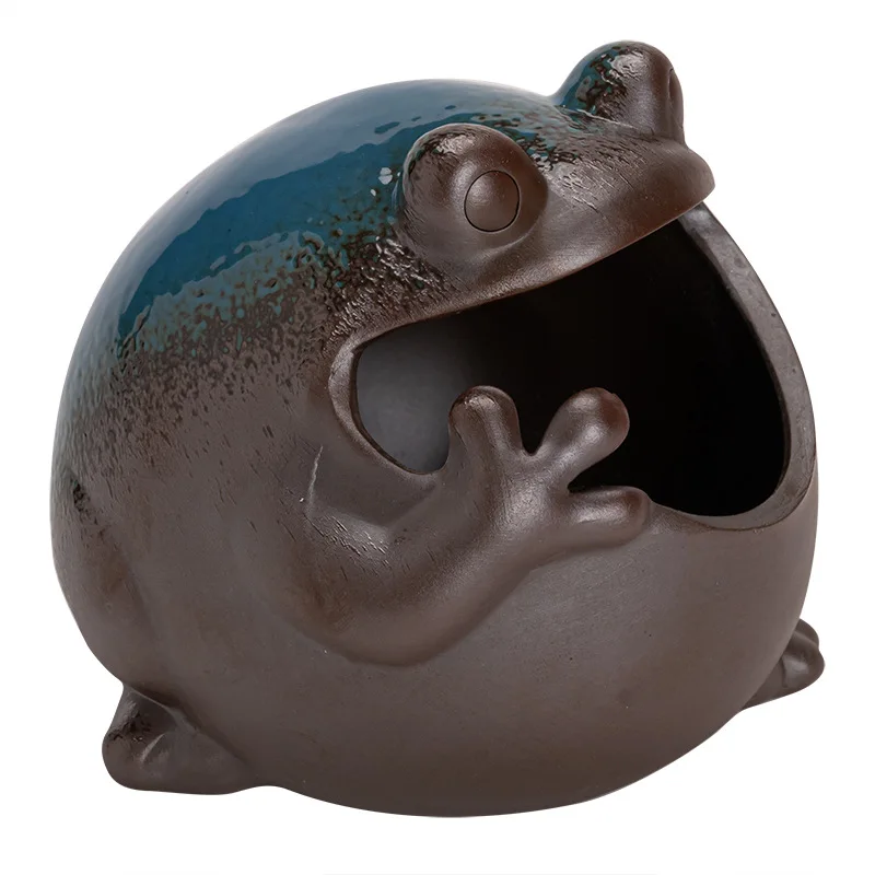 Ceramic animal ashtray household big belly frog personality windproof ashtray desktop advanced Zen black decorative smoke cup