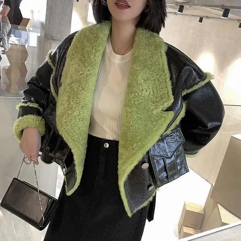 in stock leather jacket motorcycle Women fur coat with avocado green hairy lamb collar lamb fur coat women shearling sheepskin
