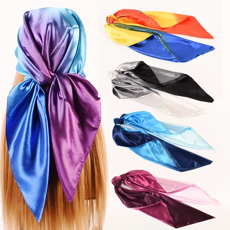 90cm Hair Sleeping Wraps 35inch color blocking Silk Like Satin Large Square Head Scarves