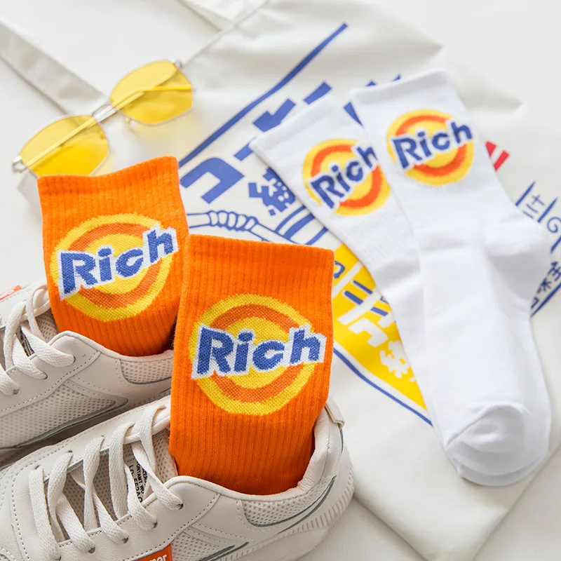 Korean Funny Orange Letters Rich Hip-hop Skateboard Stockings Cotton Funky Letters RICH Unisex Adults Sports Socks
