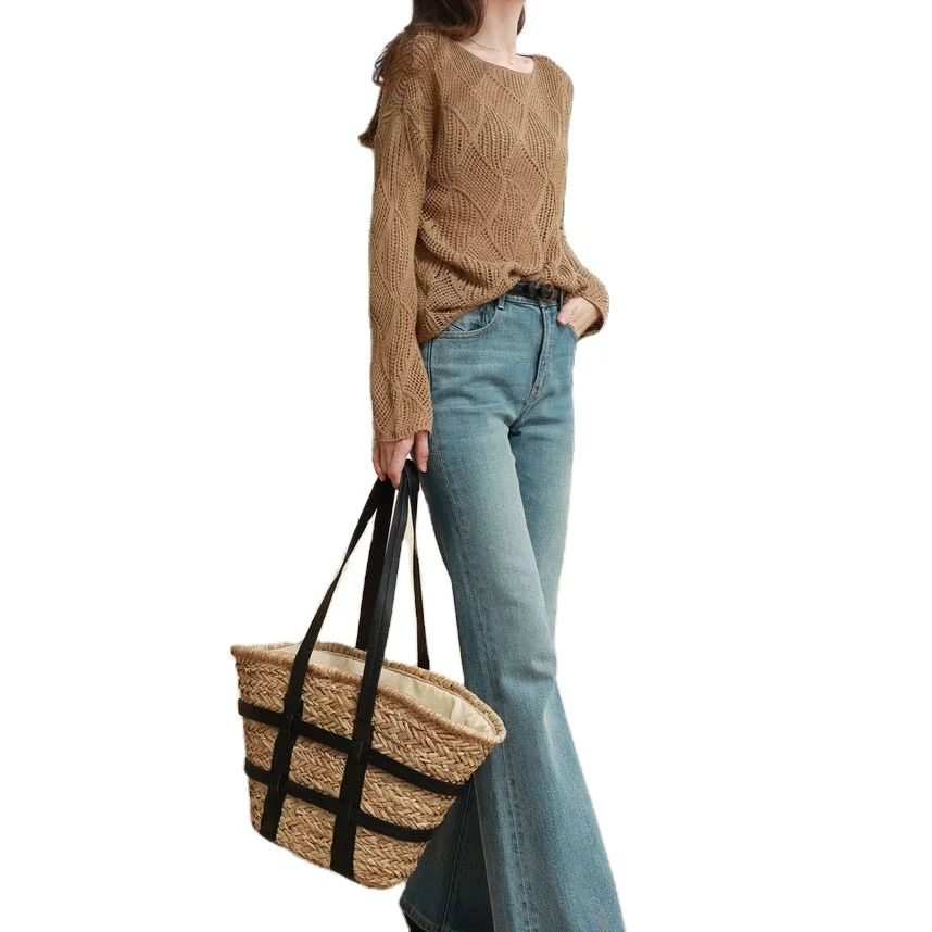 argyle solid color o neck hollow out breathable women knit tops