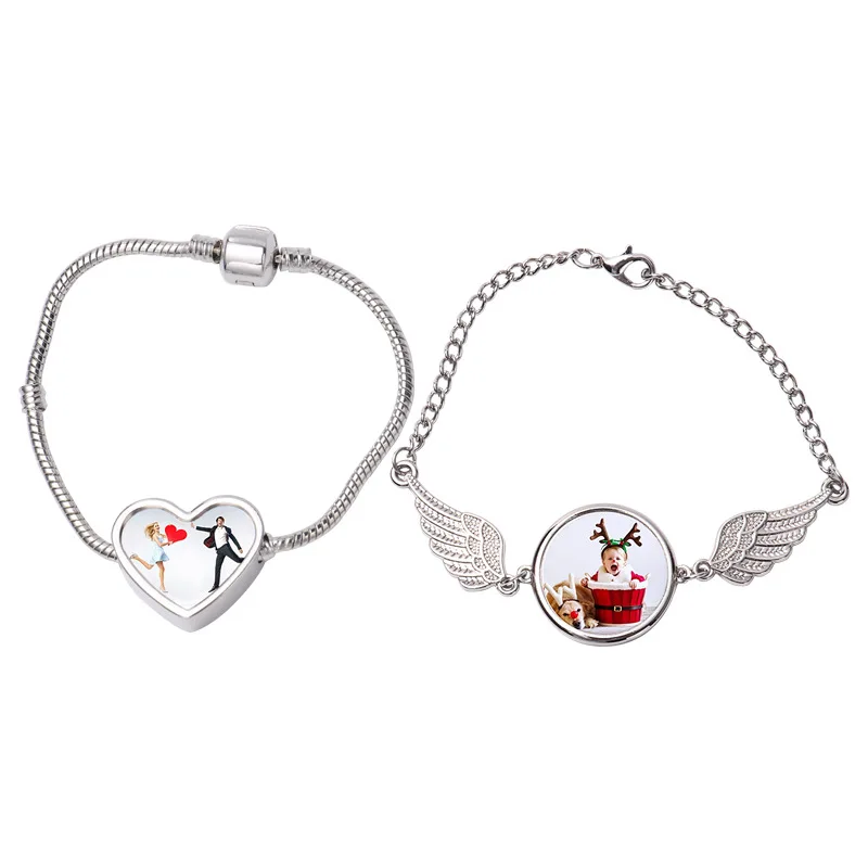 Custom Angel Wings Bracelet with Heart Round Pendant New Design DIY Photo Jewelry Sublimation for Friends and Family Gift