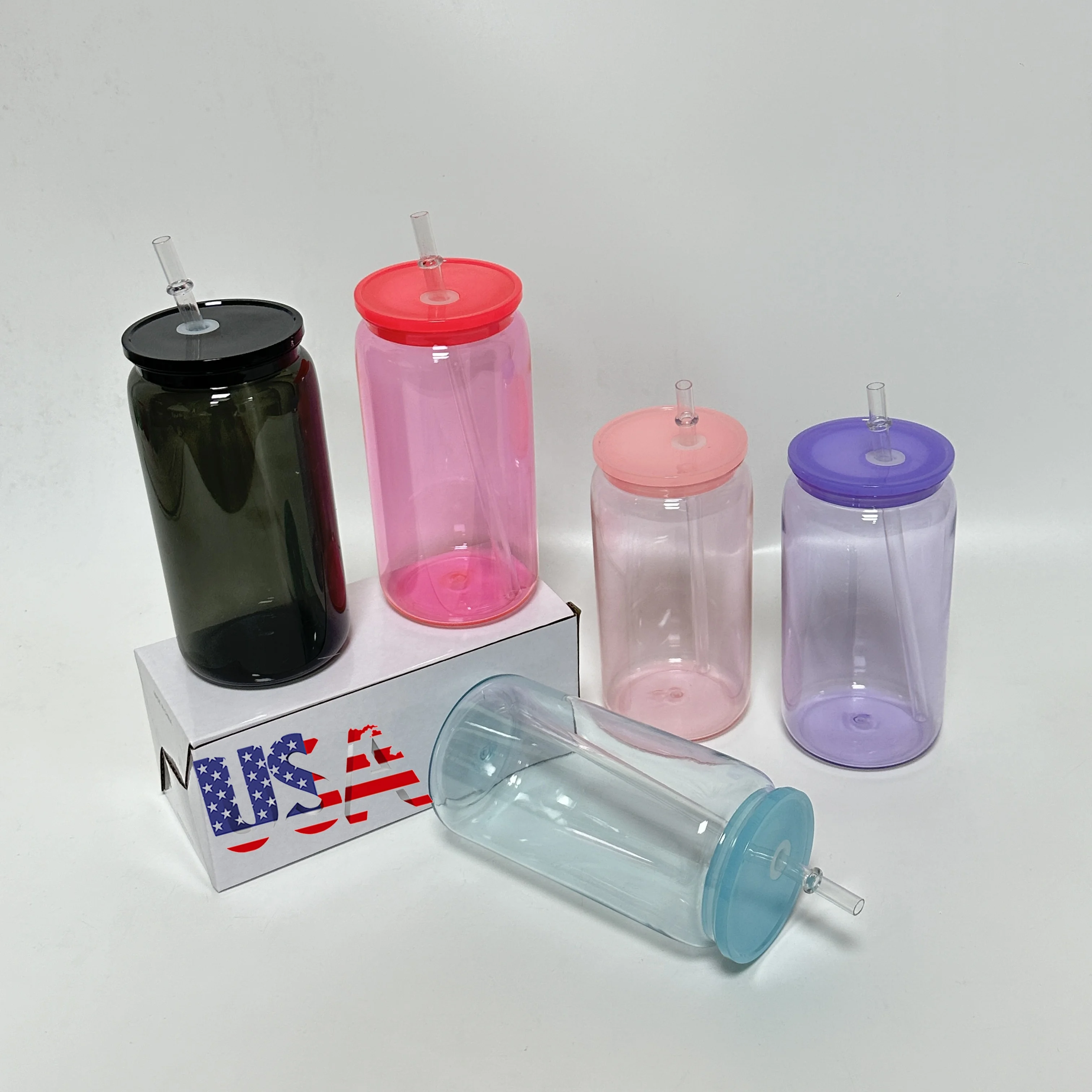 USA Warehouse 16oz color jelly plastic acrylic soda beer can cups double wall 16oz plastic tumbler can with color lids