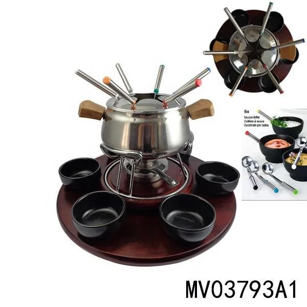 Classical Stainless Steel Cheese Fondue Set With Wooden Turntable
