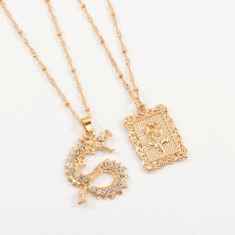 Vintage Chinese Style Zodiac Animal Purple Crystal Rhinestone Dragon Snake Rose Coin Pendant Multilayer Necklace Earring