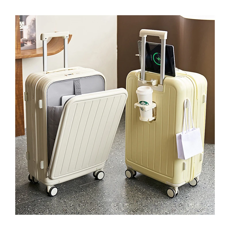 Dropshipping Travel Suitcase Front Open Cover Trolley Case with Cup Holder Boarding Box Multifunctional Rolling Luggage