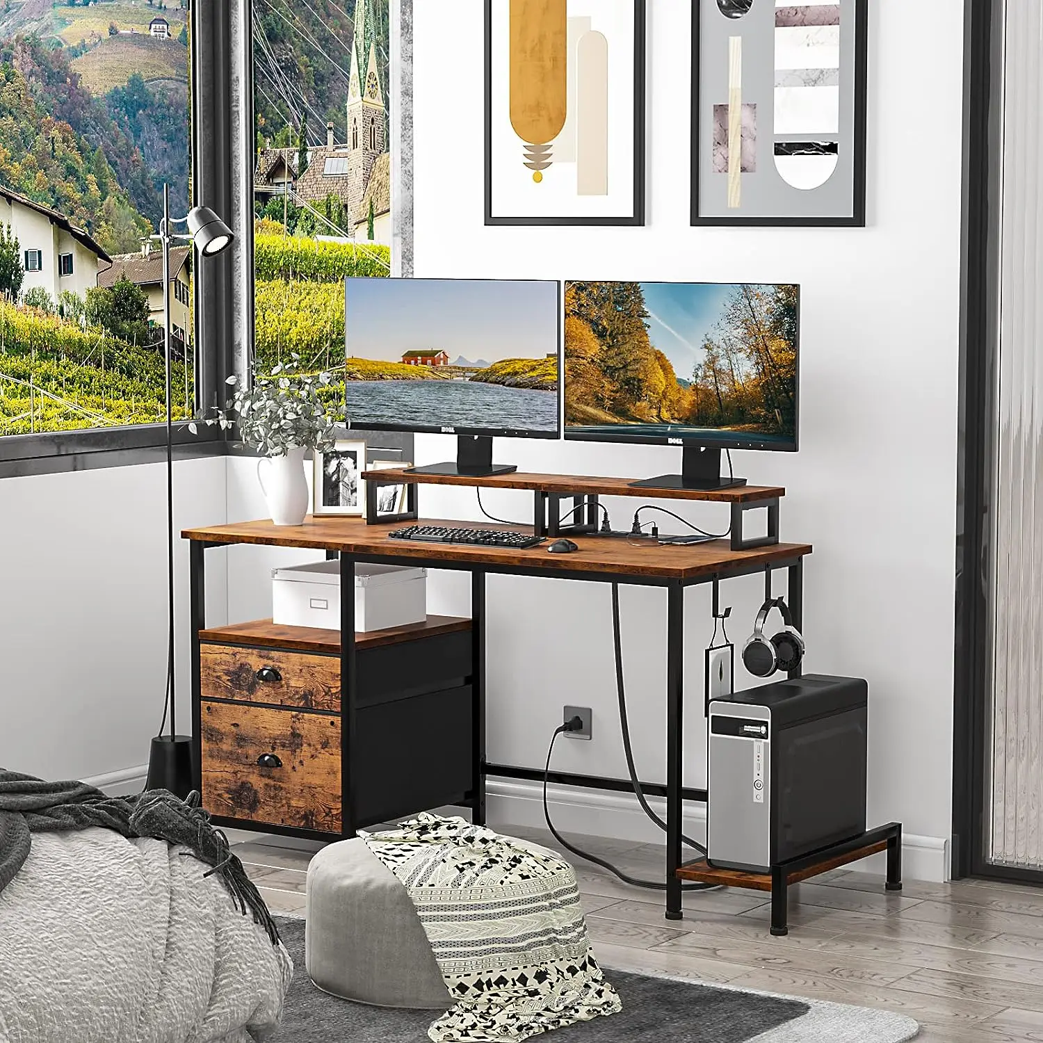 Computer Desk with Drawer and Power Outlets Office Desk Fabric File Cabinet Writing Gaming Table with Shelves Office