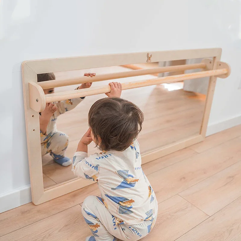 Montessori Kindergarten Nursery Toddler Wooden Knob Shape Puzzles Mirror Bathroom Wall Mirror For Kids Children