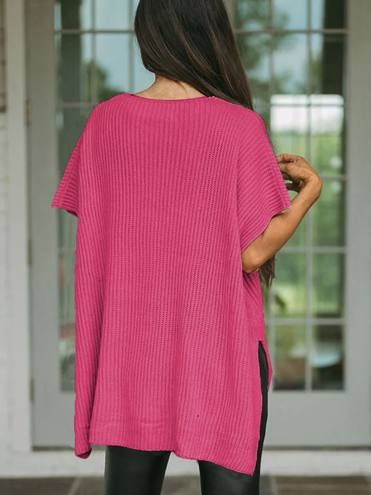 Women Fashion Apricot Short Sleeve Side Slit Oversized Sweater