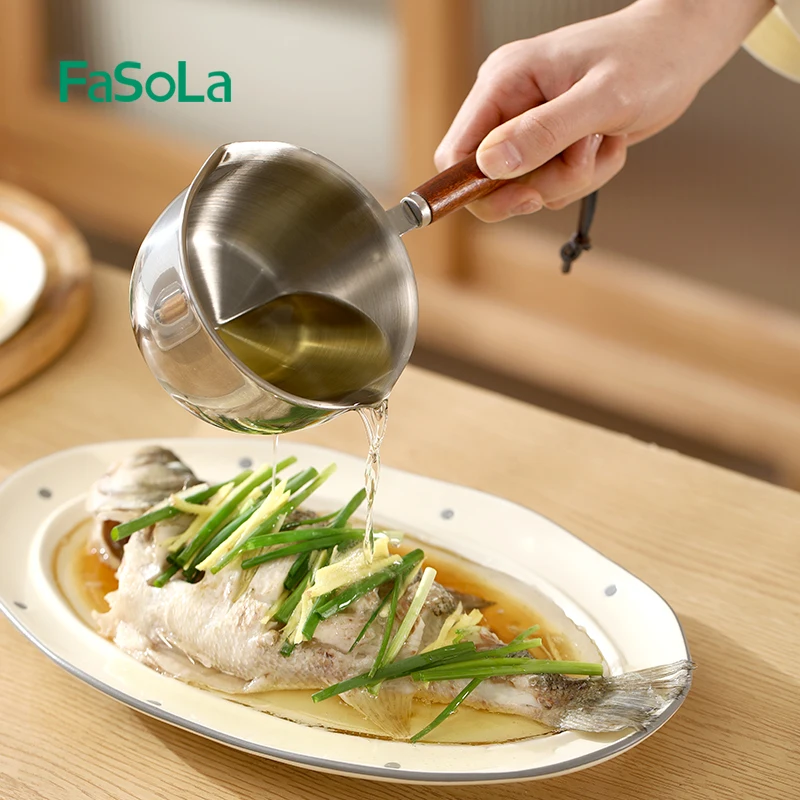 FaSoLa Stainless Steel Saucepan Two Side Spouts for Easy Pour with Wood Handle Induction Oven Broiler Multipurpose Sauce Pot