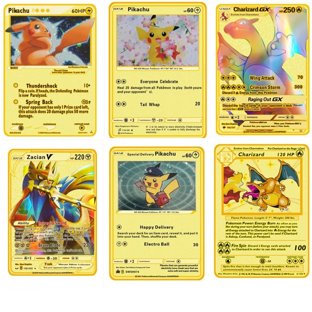 Золотые поддельные карты Pokemon металлическая торговая карта оригинальные игровые первого