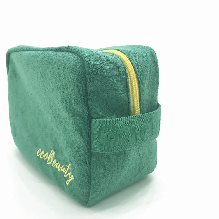 Eco friendly darker green RPET terry cloth makeup bags sustainable towel cosmetic pouch for