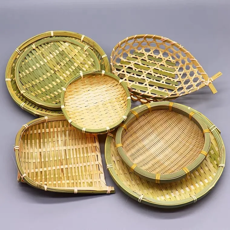 Bamboo Woven Plate Basket Fruit Plate Hotel Tea Table Snacks Bamboo Natural for Home Iron Multifunction Japanese Storage Trays