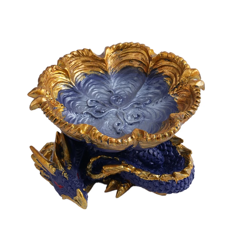 New Design 6.5 Inches Blue Golden Dragon Resin Ashtray Smoking Accessory Cigar Ashtray with White Box