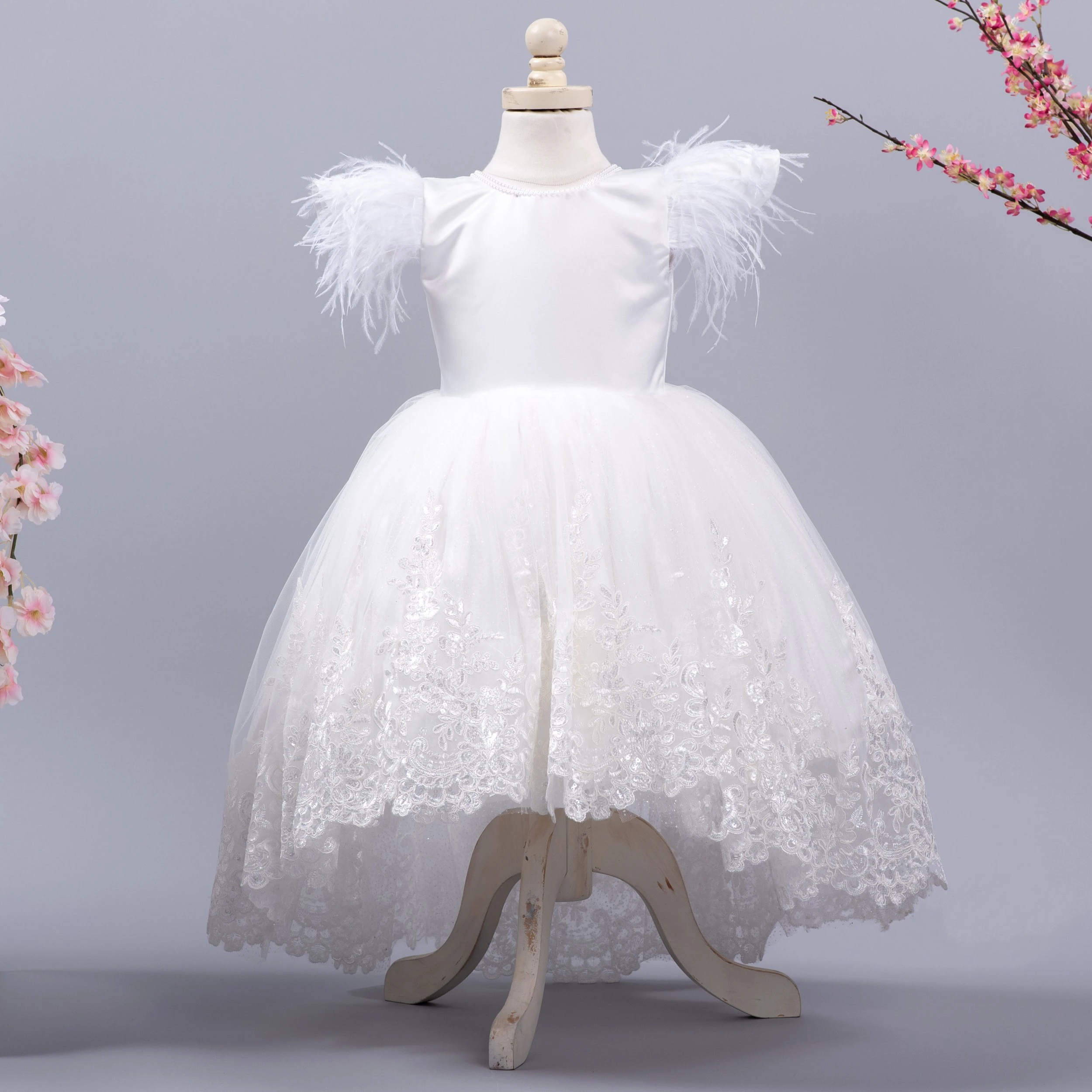 ALLIE gown white satin with full bridal tulle skirt pearl neckline lace trim around the hem of the dress V-shaped girl dresses