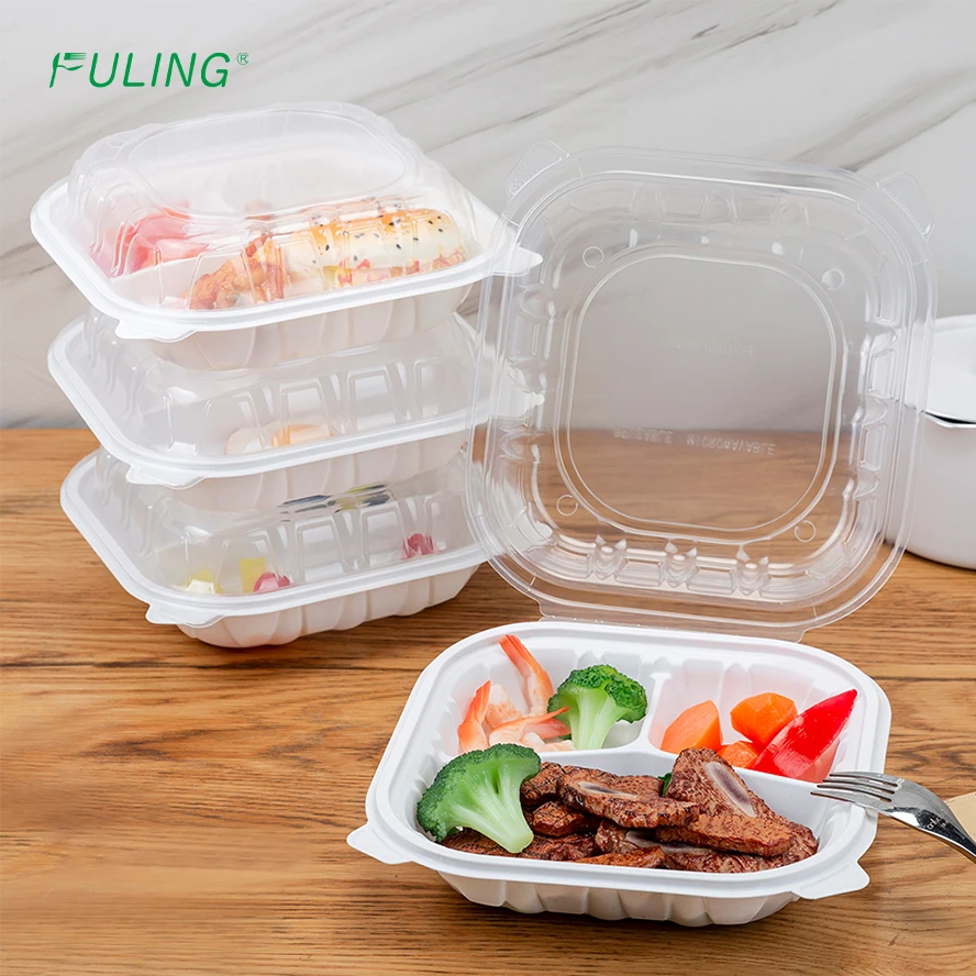 FULING Clamshell Take Out Food Containers Disposable To Go Containers 8 Inch 9 Inch 3-Compartment Heavy-Duty