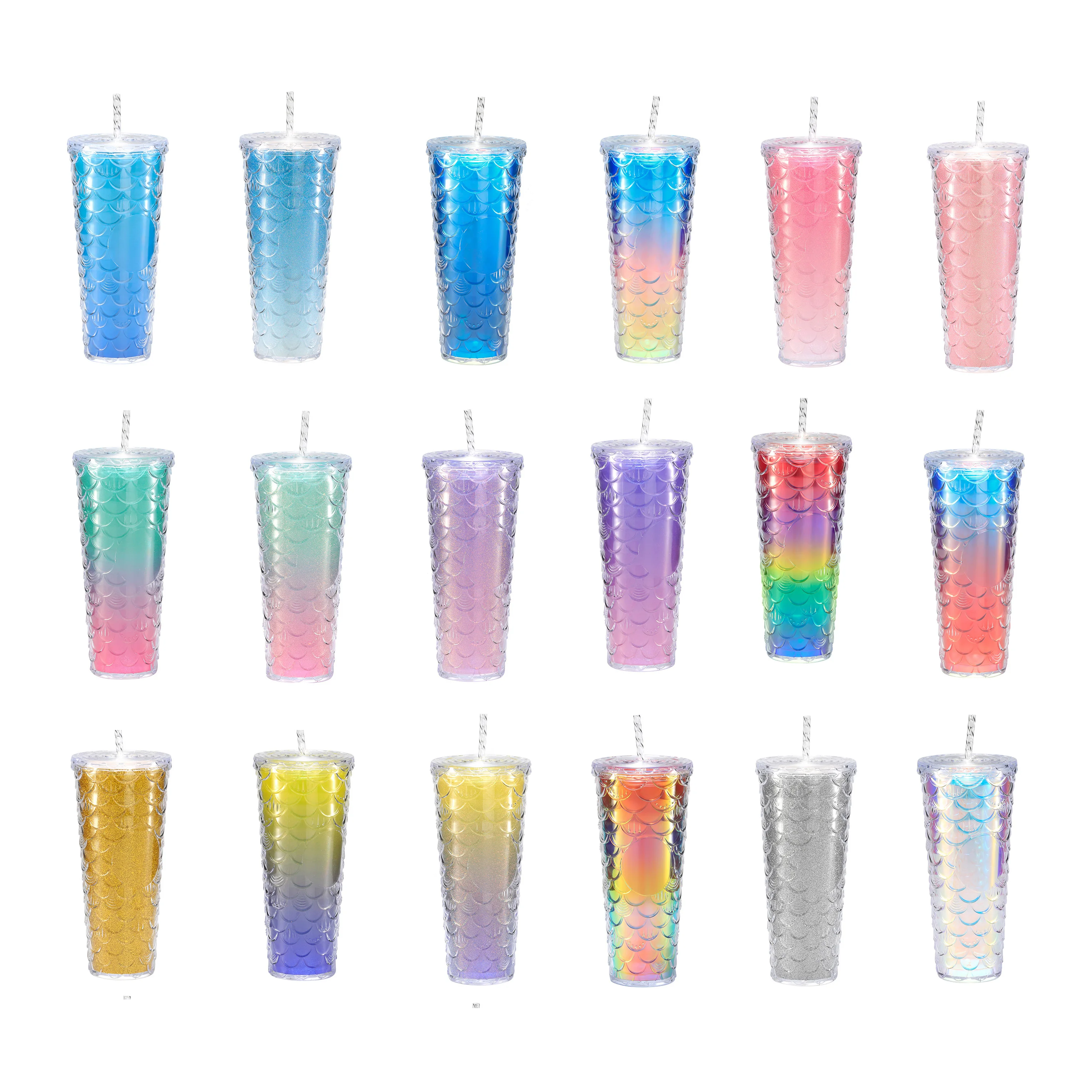 Personalized Car Water Cup Coffee fish  scale glitter 24oz Insulated Double Wall Plastic Acrylic Cups with straw and lid