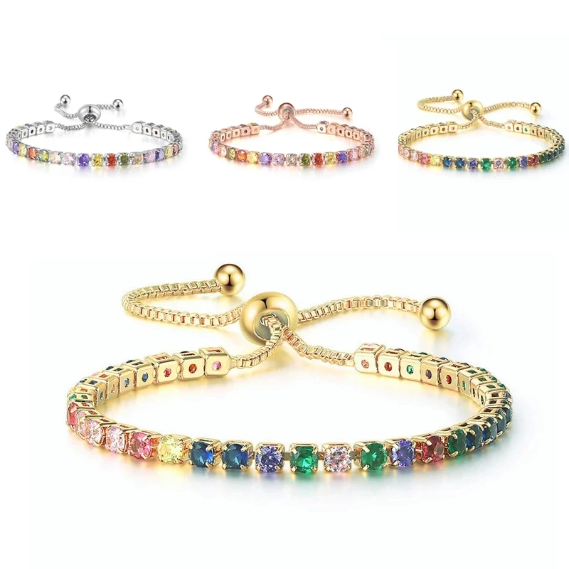 Adjustable Rainbow Crystal Tennis Bracelet For Women Colorful Zirconia Wedding Bracelet on Hand Gifts for Girls Jewelry