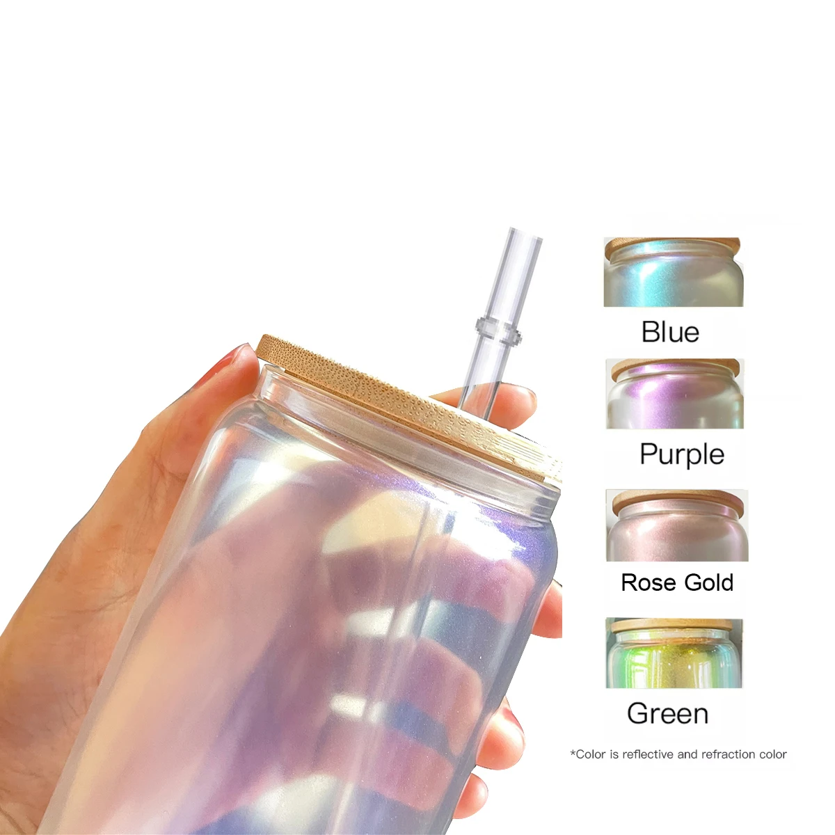Hot Sale US Warehouse 16oz clear coffee soda shaped beer Sublimation iridescent Glass can with bamboo  lid and plastic straw