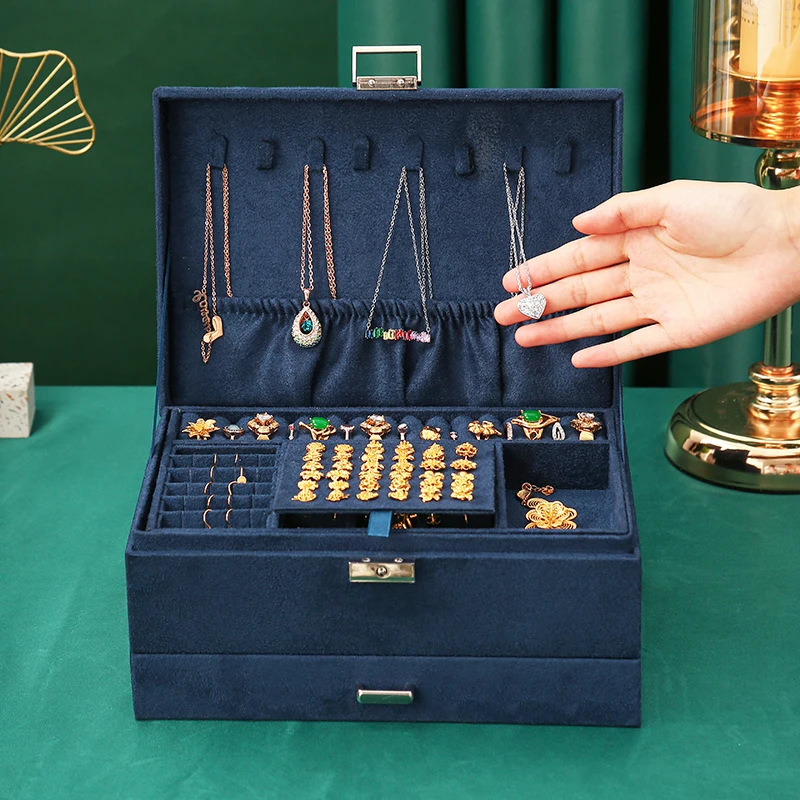 New Grey 3-Layer Flannel Jewelry Organizer Box Necklaces Earrings Rings Large Capacity With Lock Display Holder Case Women