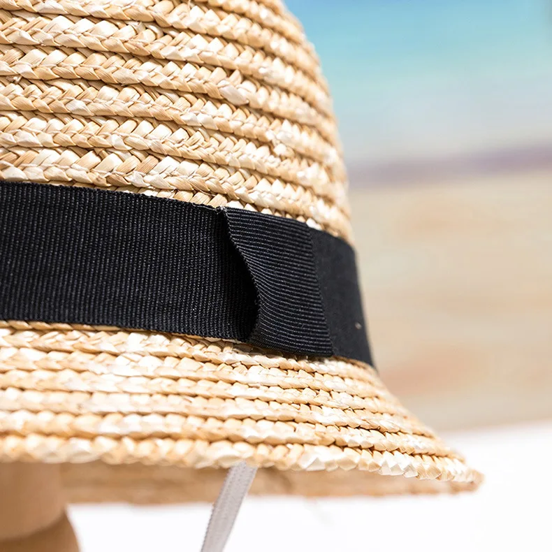 Wholesale Children Summer Straw Hats & Caps 48cm & 50cm with Chain Strap CASQUETTE Round Top Wheat,straw Beach Holiday Natural