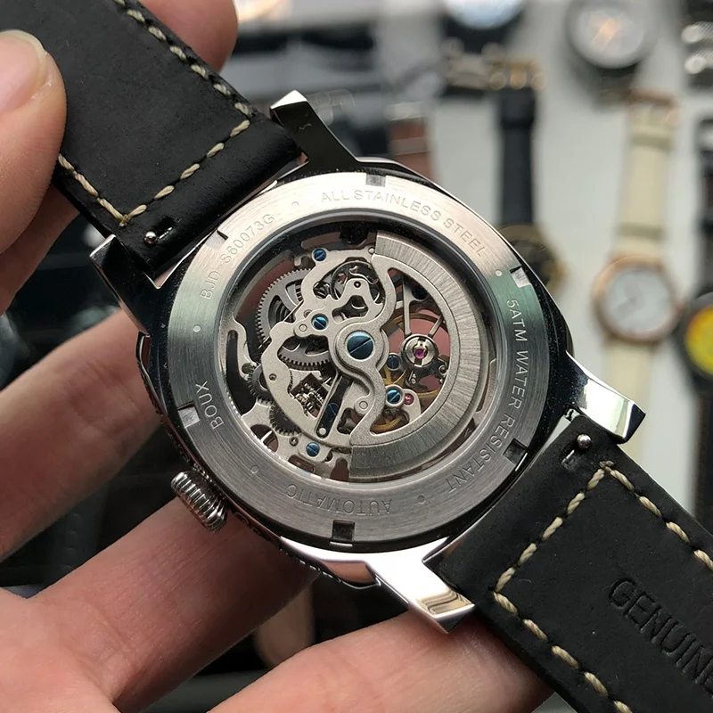 RTS no moq stainless steel retro punk black carving pattern skeleton seagull st1646 mechanical automatic movement watch man