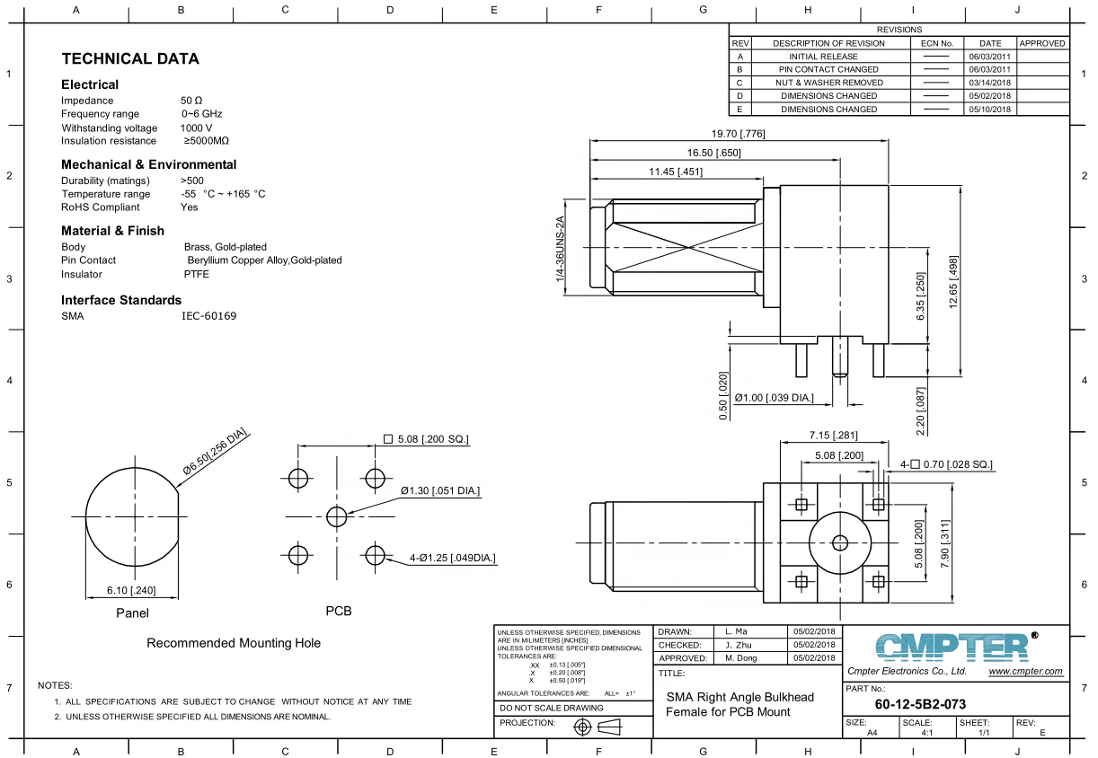 SMA female Right Angle Bulkhead PCB Mount connector, DC to 6GHz