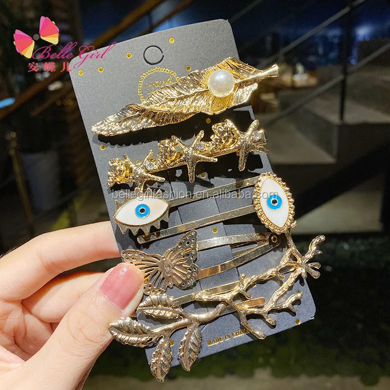 BELLEGIRL Custom fashion gold plated leaf butterfly hair pins accessories metal duck bill starfish eye hair clips set for women