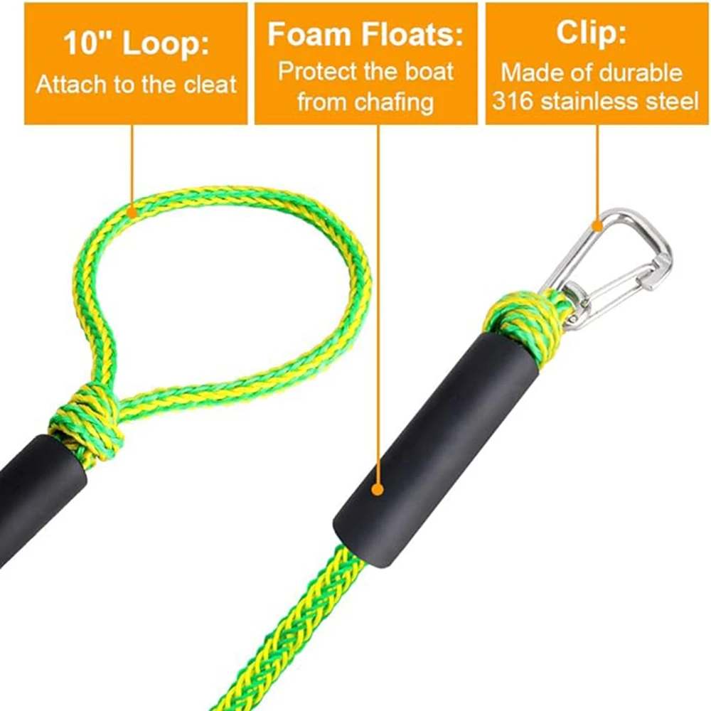 Marine Mooring Rope 2 Pack PWC Anchor Boat Bungee Dock Lines for Boats with Stainless Carabiner Hook