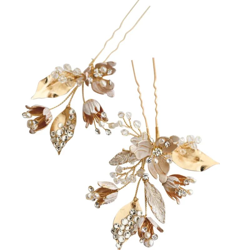 Gold leaves fancy wedding bridal hair accessories pearl crystal rhinestone hair pins