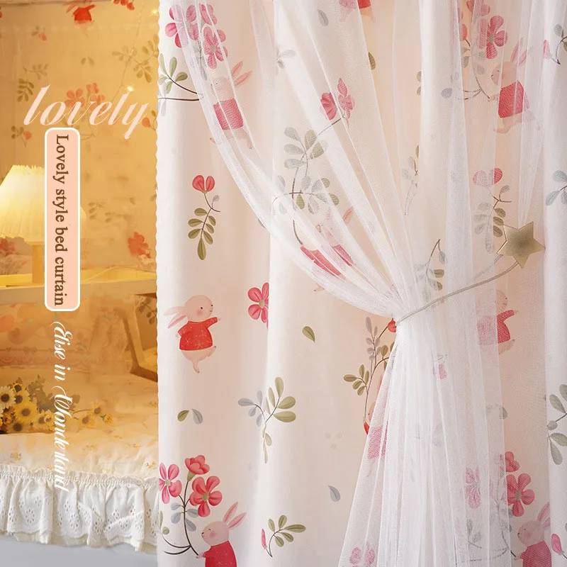 High quality princess style cartoon flower printing gauze bed curtains high shading single door upper down bed dust bedspread