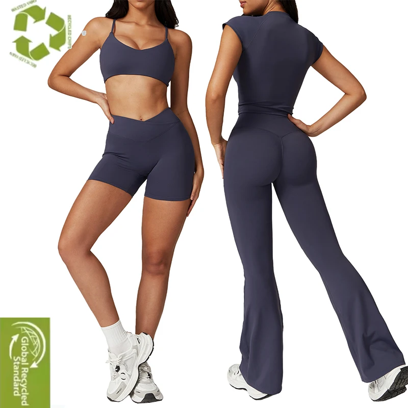 New Recycled Nylon Friendly Workout  Fitness Long Sleeve Sport Sport Crop Top Hollowed Sexy Sport Bra Long Yoga Set