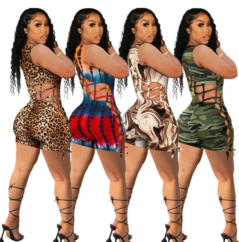 2022 Summer overall Jumpsuit Women u neck sleeveless leopard tie die camo ribbed strappy shorts jumpsuit