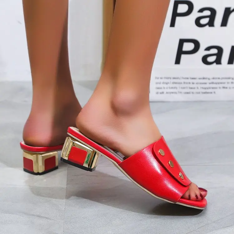 2022 Thick Heel Flat Slippers Female Large Size Square Head Open Foot Slippers with Metal Heel Elegant Italian Women Party Shoes