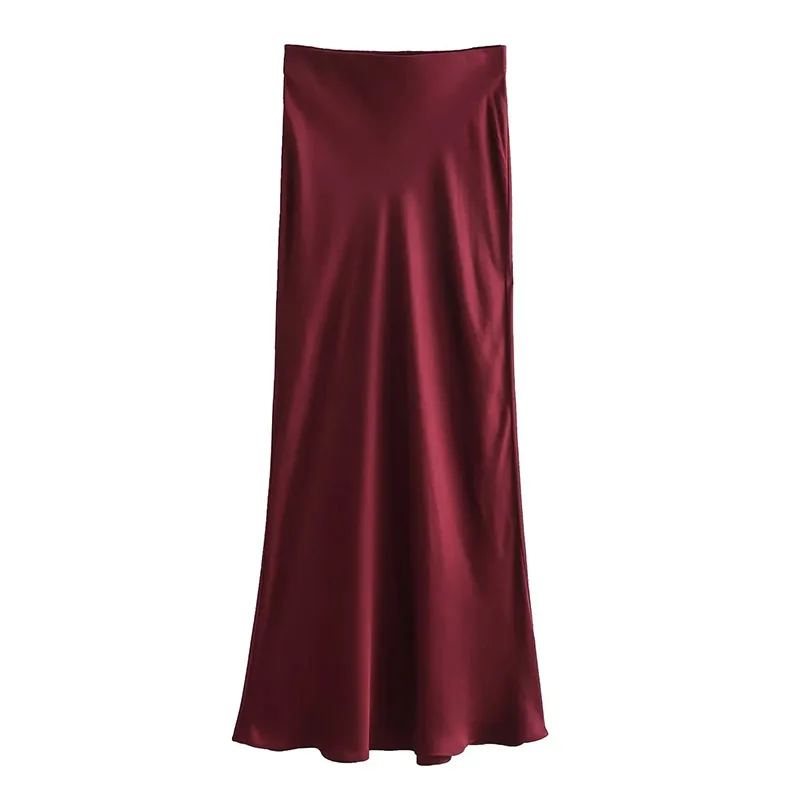 17 Colors Za Women Satin Midi Skirt Vintage High Waist Zipper Fly Female Skirts Mujer