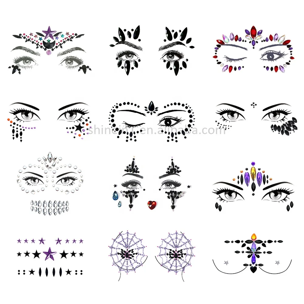 Hot Sale Woman Party Festival Temporary Tattoo Rhinestone Body Sticker Adhesive Crystal Gem Face Jewel