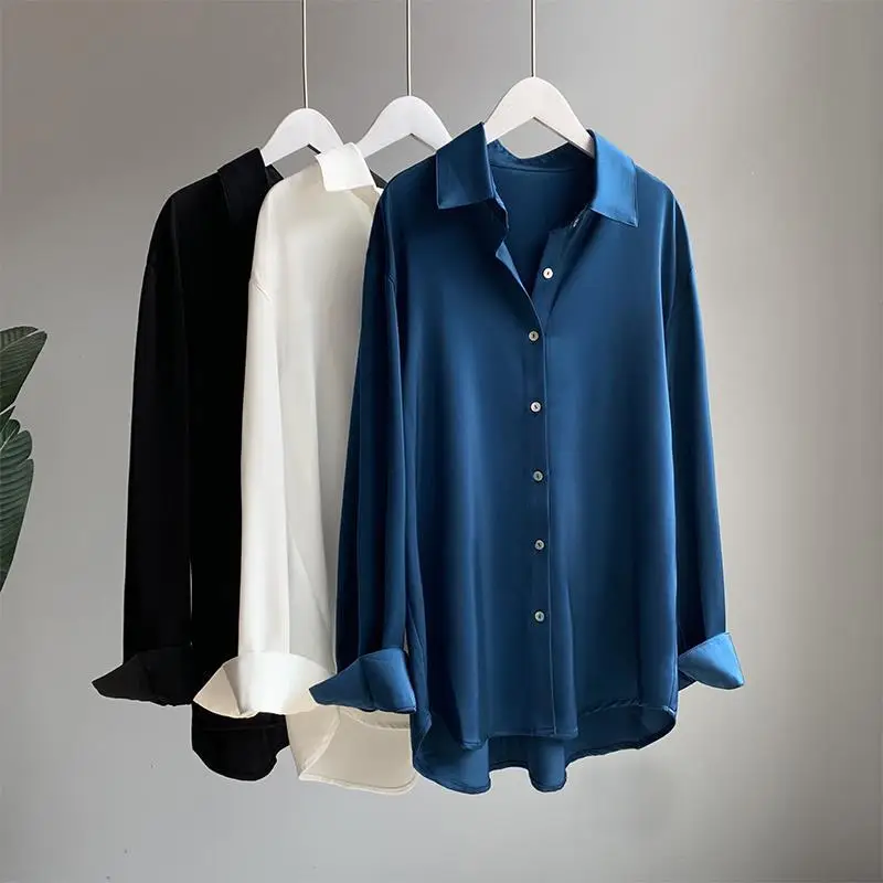 S-3XL Satin pendent shirt female spring and autumn temperament loose retro Hong Kong fashion 2023 new long-sleeved blouse