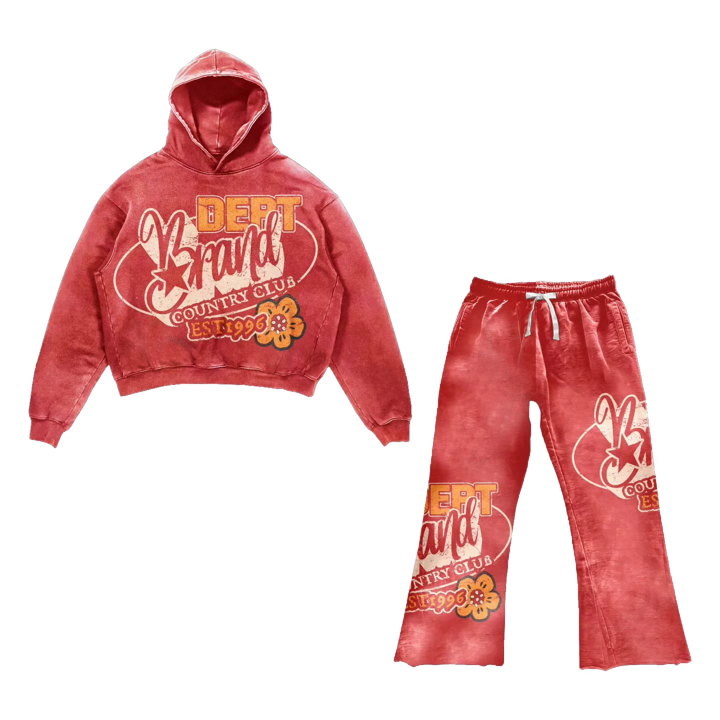 Custom DTG French Terry Cloth Pullover Vintage High Quality Streetwear Distressed Acid Wash Flared Sweatpants And Hoodie Sets