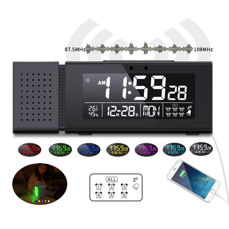 Mini smart alarm clock with FM radio temperature and humidity night light digital clock for desktop