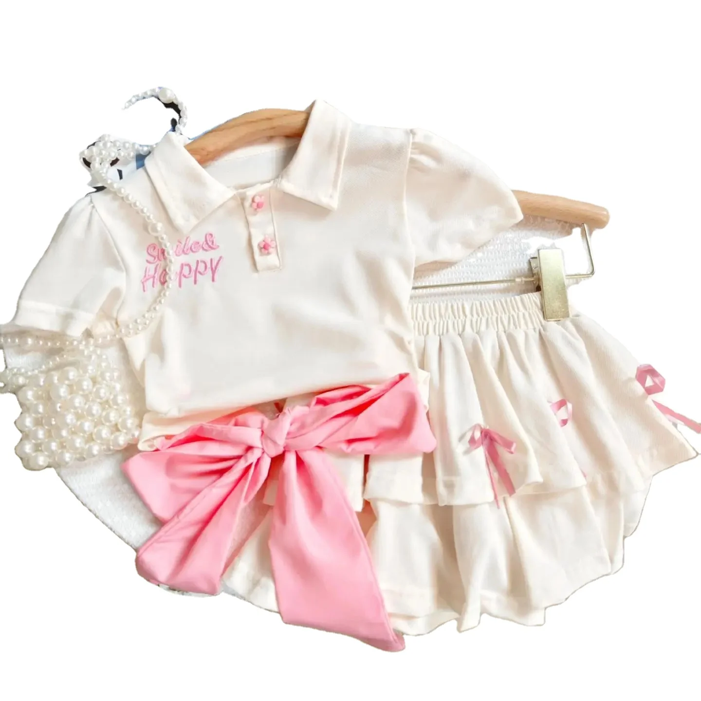 New arrival toddler girls boutique short sleeve letter embroidery poloshirt + bows skirt clothing set for kids