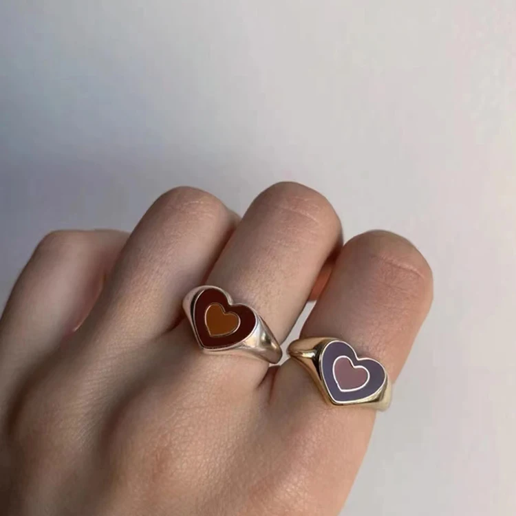 Fashion Stainless Steel 18K Gold Plated Colorful Double Heart Enamel Rings Women