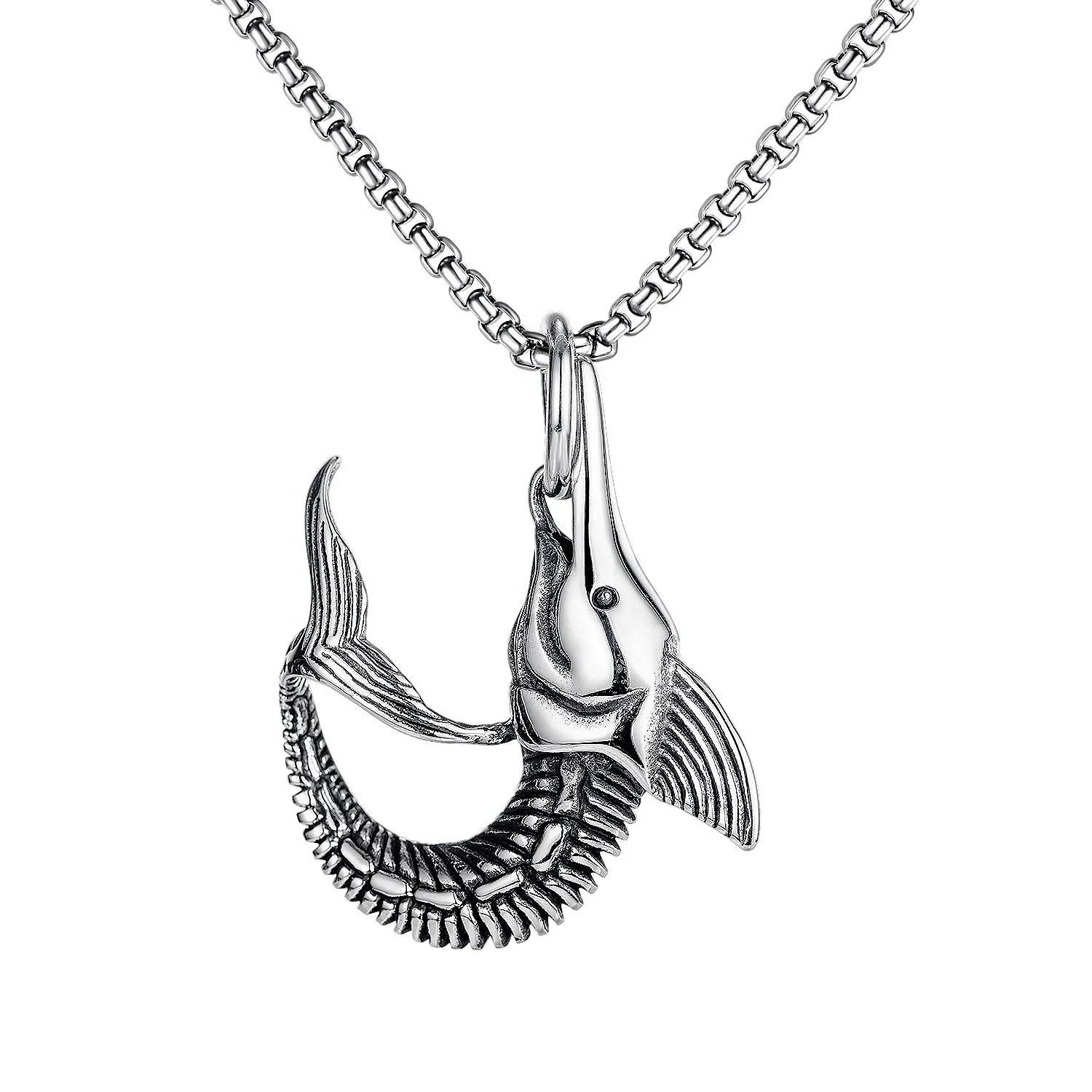 Amazon Hot Selling Stainless Steel Animal Swordfish Pendant Hip Hop Punk Silver Men Necklace